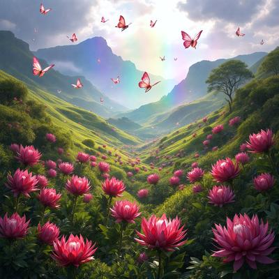The primary subject of the image is a beautiful, vibrant field filled with red flowers. The setting is a lush, green hillside with a mountainous background. The visual style is a combination of photo and digital art, creating a stunning and realistic representation of the scene. The dominant colors are red and green, giving the image a warm and inviting atmosphere.